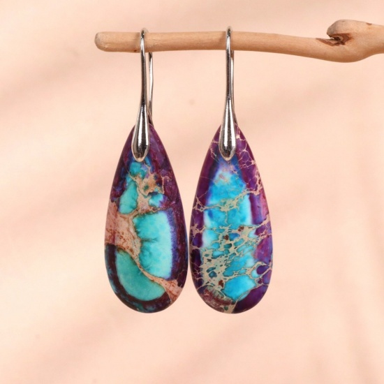 Picture of Wholesale Retro Ethnic Style Earrings, Drop Purple & Blue Silver Tone Gemstone & Brass, Women's Gift Jewelry Supply, 5.3cm x 1.6cm, 1 Pair