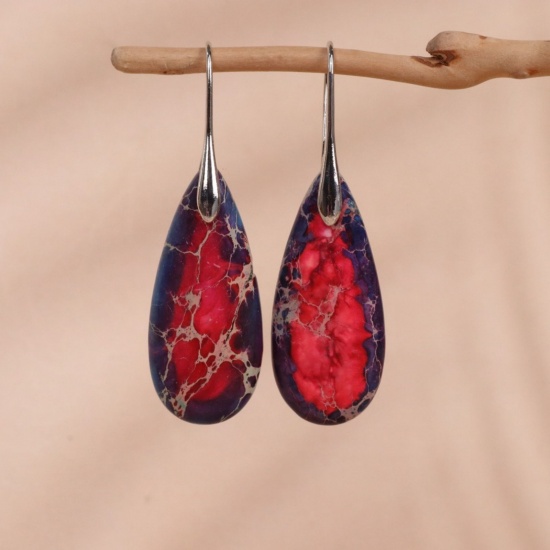 Picture of Wholesale Retro Ethnic Style Earrings, Drop Red & Dark Blue Silver Tone Gemstone & Brass, Women's Gift Jewelry Supply, 5.3cm x 1.6cm, 1 Pair