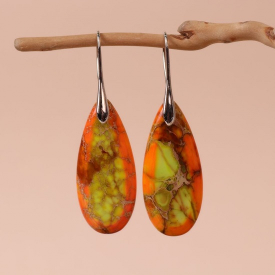 Picture of Wholesale Retro Ethnic Style Earrings, Drop Orange & Green Silver Tone Gemstone & Brass, Women's Gift Jewelry Supply, 5.3cm x 1.6cm, 1 Pair