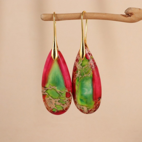 Picture of Wholesale Retro Ethnic Style Earrings, Drop Green & Orange-red Gold Plated Gemstone & Brass, Women's Gift Jewelry Supply, 5.3cm x 1.6cm, 1 Pair