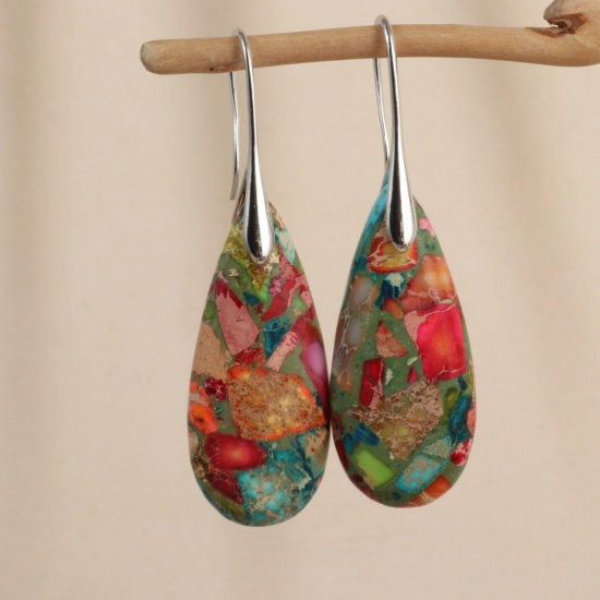 Picture of Wholesale Retro Ethnic Style Earrings, Drop Multicolor Silver Tone Gemstone & Brass, Women's Gift Jewelry Supply, 5.3cm x 1.6cm, 1 Pair