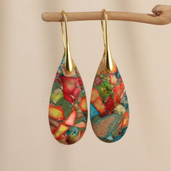Picture of Wholesale Retro Ethnic Style Earrings, Drop Multicolor Gold Plated Gemstone & Brass, Women's Gift Jewelry Supply, 5.3cm x 1.6cm, 1 Pair