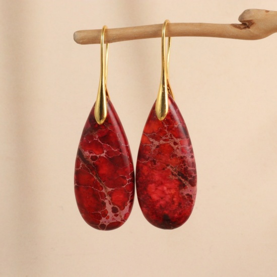Picture of Wholesale Retro Ethnic Style Earrings, Drop Red Gold Plated Gemstone & Brass, Women's Gift Jewelry Supply, 5.3cm x 1.6cm, 1 Pair