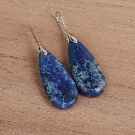 Picture of Wholesale Retro Ethnic Style Earrings, Drop Dark Blue Silver Tone Gemstone & Brass, Women's Gift Jewelry Supply, 5.3cm x 1.6cm, 1 Pair