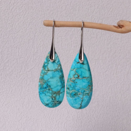Picture of Wholesale Retro Ethnic Style Earrings, Drop Blue Silver Tone Gemstone & Brass, Women's Gift Jewelry Supply, 5.3cm x 1.6cm, 1 Pair