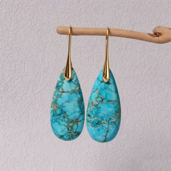 Picture of Wholesale Retro Ethnic Style Earrings, Drop Blue Gold Plated Gemstone & Brass, Women's Gift Jewelry Supply, 5.3cm x 1.6cm, 1 Pair