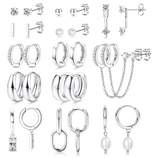 Bild von Großhandel Einfach Stilvoll Ohrring-Set, Klar Kubisches Zirkonia Imitat Perle Platin Plattiert Messing, Frauen Geschenk Schmuckbedarf, 1 Set ( 26 Stk./Set)