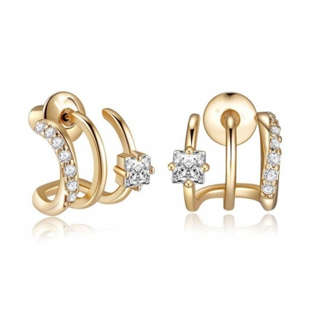 Immagine di Elegante Squisito Orecchini a Perno All'Ingrosso, Trasparente Circonio Cubico Filigrana Placcato Oro 14K Ottone, Donne Regalo Fornitura di Gioielli, 13mm x 13mm, 1 Paio