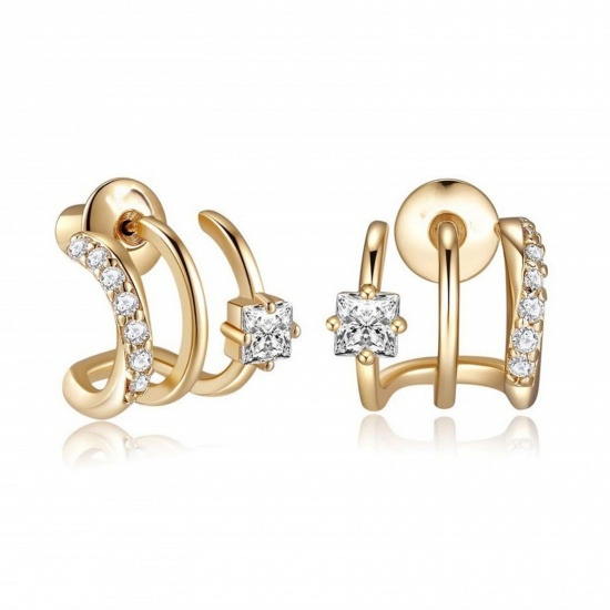 Imagen de Elegante Exquisito Pendientes de Poste de Oreja Al Por Mayor, Claro Circón Artificial Hueco Chapado en Oro de 14K Latón, Mujeres Regalo Suministro de Joyería, 13mm x 13mm, 1 Par