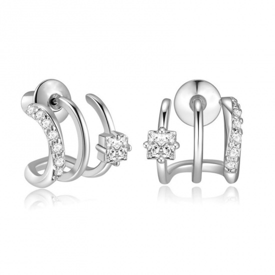 Imagen de Elegante Exquisito Pendientes de Poste de Oreja Al Por Mayor, Claro Circón Artificial Hueco Platino Chapado Latón, Mujeres Regalo Suministro de Joyería, 13mm x 13mm, 1 Par