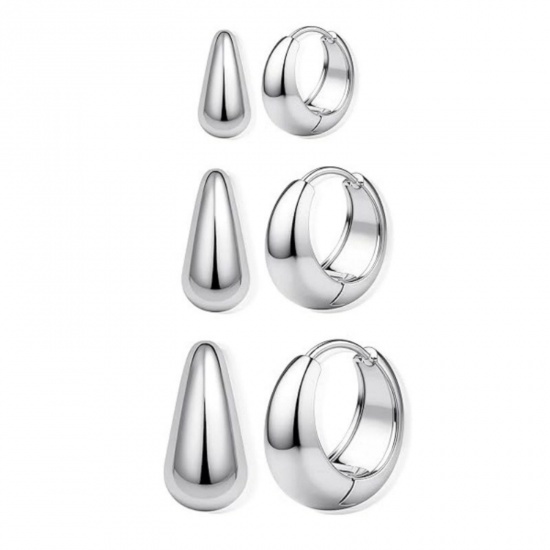 Picture of Wholesale Simple Stylish Huggie Hoop Earrings, Round Platinum Plated Brass, Women's Gift Jewelry Supply, 1 Set ( 6 PCs/Set)