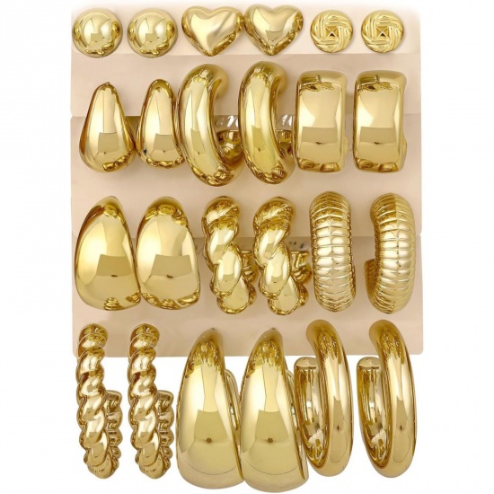 Immagine di Semplice Elegante Set di Orecchini All'Ingrosso, Tondo Cuore Placcato Oro 14K Ottone, Donne Regalo Fornitura di Gioielli, 1 Serie ( 24 Pz/Serie)