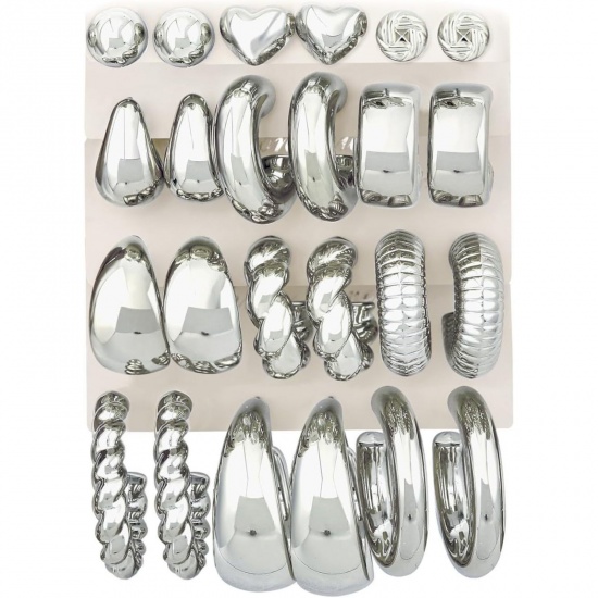 Immagine di Semplice Elegante Set di Orecchini All'Ingrosso, Tondo Cuore Platino Placcato Ottone, Donne Regalo Fornitura di Gioielli, 1 Serie ( 24 Pz/Serie)