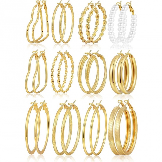 Immagine di Semplice Elegante Set di Orecchini All'Ingrosso, Tondo Cuore Placcato Oro 14K Ottone, Donne Regalo Fornitura di Gioielli, 1 Serie ( 24 Pz/Serie)
