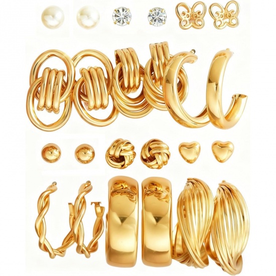 Immagine di Semplice Elegante Set di Orecchini All'Ingrosso, Tondo Cuore Placcato Oro 14K Ottone, Donne Regalo Fornitura di Gioielli, 1 Serie ( 24 Pz/Serie)