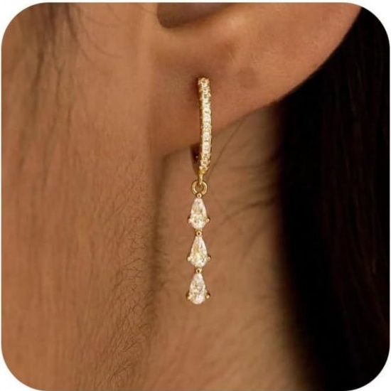 Picture of Wholesale Stylish Dainty Hoop Earrings, Drop Tassel Clear Cubic Zirconia KC Gold Plated Brass, Women's Gift Jewelry Supply, 3cm, 1 Pair