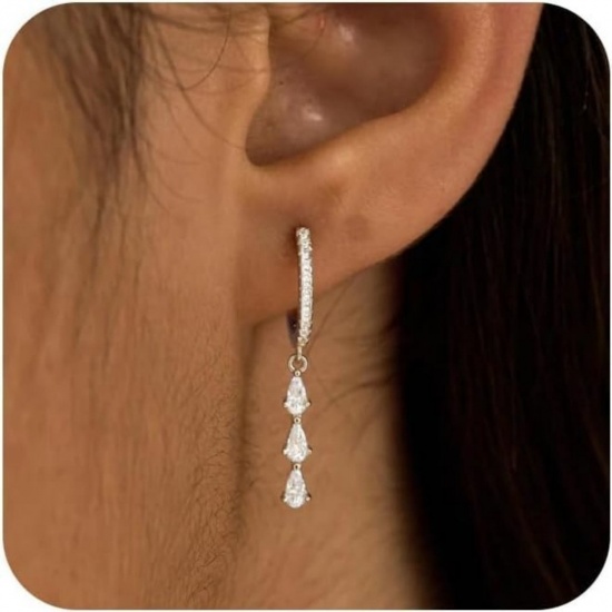 Picture of Wholesale Stylish Dainty Hoop Earrings, Drop Tassel Clear Cubic Zirconia Silver Tone Brass, Women's Gift Jewelry Supply, 3cm, 1 Pair