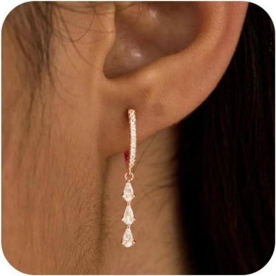 Picture of Wholesale Stylish Dainty Hoop Earrings, Drop Tassel Clear Cubic Zirconia Rose Gold Brass, Women's Gift Jewelry Supply, 3cm, 1 Pair