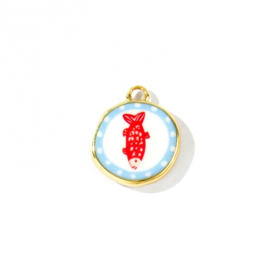 Imagen de 2 Unidades Respetuoso del Medio Ambiente Latón Joyería del océano Colgantes Al Por Mayor 18K Oro Real Chapado Rojo & Azul Ronda Pez Impreso 16mm x 14mm