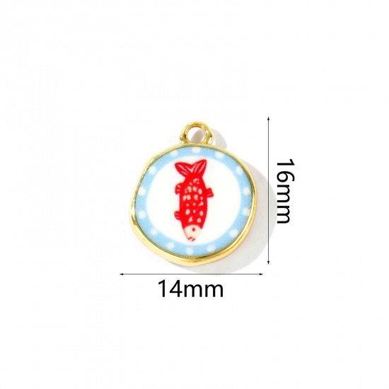 Imagen de 2 Unidades Respetuoso del Medio Ambiente Latón Joyería del océano Colgantes Al Por Mayor 18K Oro Real Chapado Rojo & Azul Ronda Pez Impreso 16mm x 14mm