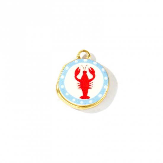 Imagen de 2 Unidades Respetuoso del Medio Ambiente Latón Joyería del océano Colgantes Al Por Mayor 18K Oro Real Chapado Rojo & Azul Ronda Langosta Impreso 16mm x 14mm