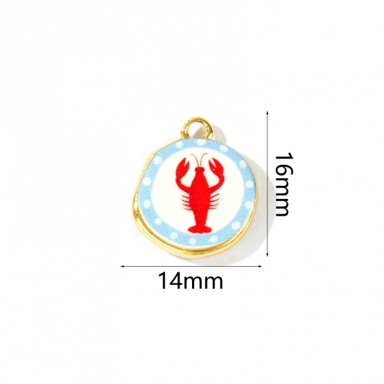Imagen de 2 Unidades Respetuoso del Medio Ambiente Latón Joyería del océano Colgantes Al Por Mayor 18K Oro Real Chapado Rojo & Azul Ronda Langosta Impreso 16mm x 14mm