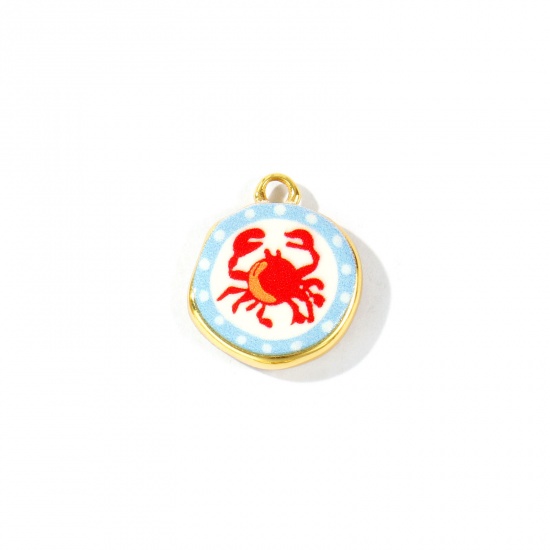 Imagen de 2 Unidades Respetuoso del Medio Ambiente Latón Joyería del océano Colgantes Al Por Mayor 18K Oro Real Chapado Rojo & Azul Ronda Cangrejo Impreso 16mm x 14mm