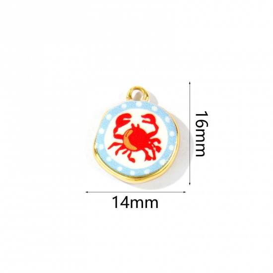 Imagen de 2 Unidades Respetuoso del Medio Ambiente Latón Joyería del océano Colgantes Al Por Mayor 18K Oro Real Chapado Rojo & Azul Ronda Cangrejo Impreso 16mm x 14mm