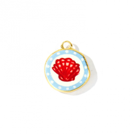 Imagen de 2 Unidades Respetuoso del Medio Ambiente Latón Joyería del océano Colgantes Al Por Mayor 18K Oro Real Chapado Rojo & Azul Ronda Concha Impreso 16mm x 14mm