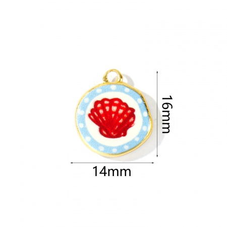 Imagen de 2 Unidades Respetuoso del Medio Ambiente Latón Joyería del océano Colgantes Al Por Mayor 18K Oro Real Chapado Rojo & Azul Ronda Concha Impreso 16mm x 14mm