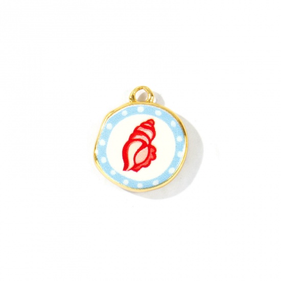 Imagen de 2 Unidades Respetuoso del Medio Ambiente Latón Joyería del océano Colgantes Al Por Mayor 18K Oro Real Chapado Rojo & Azul Ronda caracola marina Impreso 16mm x 14mm