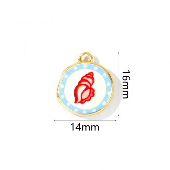 Imagen de 2 Unidades Respetuoso del Medio Ambiente Latón Joyería del océano Colgantes Al Por Mayor 18K Oro Real Chapado Rojo & Azul Ronda caracola marina Impreso 16mm x 14mm