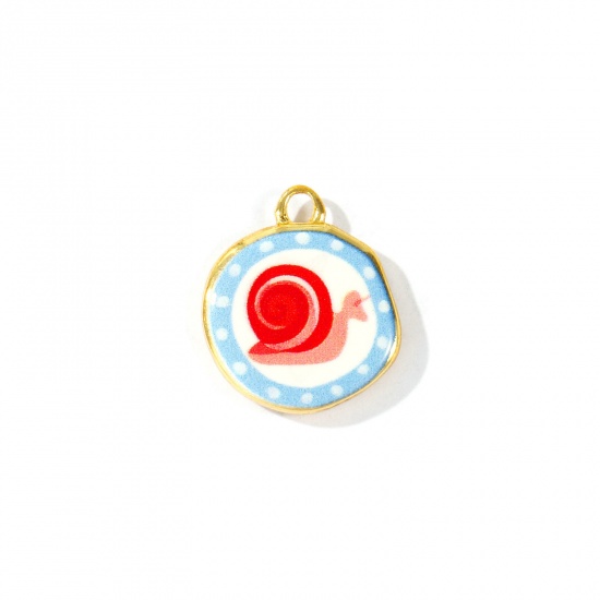 Imagen de 2 Unidades Respetuoso del Medio Ambiente Latón Colgantes Al Por Mayor 18K Oro Real Chapado Rojo & Azul Ronda Caracol Impreso 16mm x 14mm