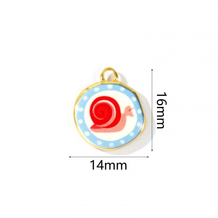 Imagen de 2 Unidades Respetuoso del Medio Ambiente Latón Colgantes Al Por Mayor 18K Oro Real Chapado Rojo & Azul Ronda Caracol Impreso 16mm x 14mm