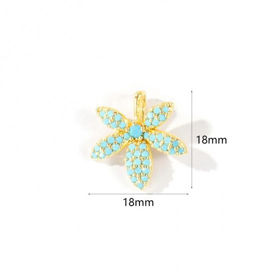 Imagen de 2 Unidades Latón Colgantes Al Por Mayor 18K Oro Real Chapado Hoja Azul Circón Artificial 18mm x 16mm