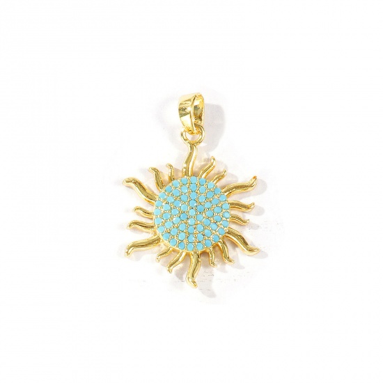 Imagen de 2 Unidades Latón Galaxia Colgantes Charms Al Por Mayor 18K Oro Real Chapado Sol Azul Circón Artificial 28mm x 18.5mm
