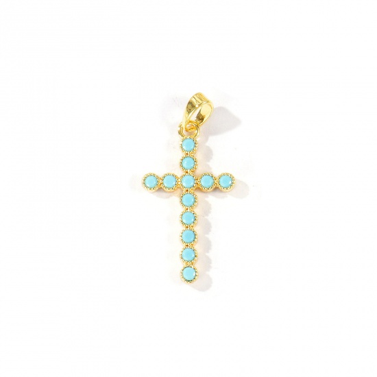 Imagen de 2 Unidades Latón Religión Colgantes Charms Al Por Mayor 18K Oro Real Chapado Cruz Azul Circón Artificial 29mm x 13.5mm