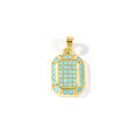 Imagen de 2 Unidades Latón Colgantes Charms Al Por Mayor 18K Oro Real Chapado Octágono Azul Circón Artificial 22mm x 11mm