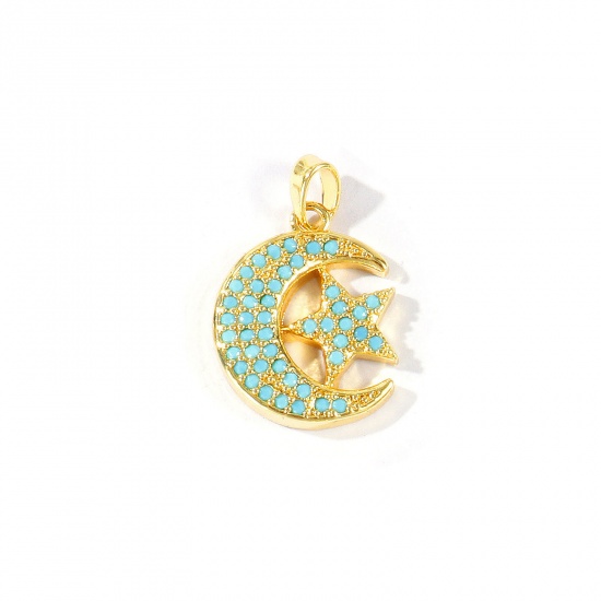 Imagen de 2 Unidades Latón Galaxia Colgantes Charms Al Por Mayor 18K Oro Real Chapado Estrella y Luna en forma de Creciente Azul Circón Artificial 23mm x 15mm