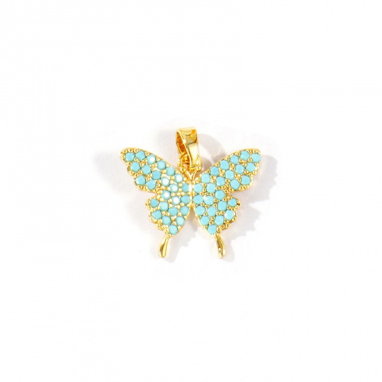 Imagen de 2 Unidades Latón Insecto Colgantes Charms Al Por Mayor 18K Oro Real Chapado Mariposa Azul Circón Artificial 19mm x 19mm