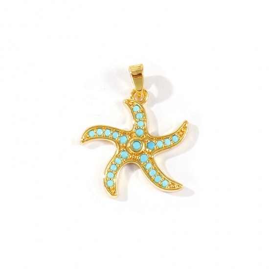 Imagen de 2 Unidades Latón Joyería del océano Colgantes Charms Al Por Mayor 18K Oro Real Chapado Estrella de mar Azul Circón Artificial 24mm x 19mm