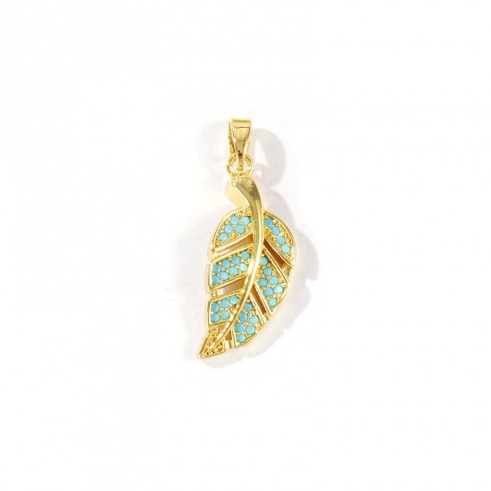 Imagen de 2 Unidades Latón Colgantes Charms Al Por Mayor 18K Oro Real Chapado Hoja Azul Circón Artificial 28mm x 10mm