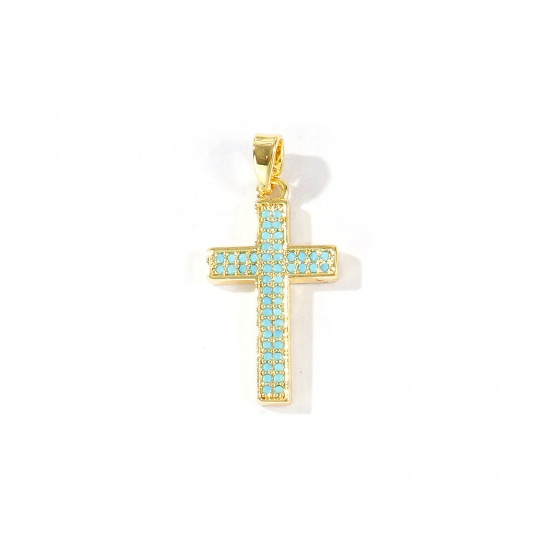 Imagen de 2 Unidades Latón Religión Colgantes Charms Al Por Mayor 18K Oro Real Chapado Cruz Azul Circón Artificial 28mm x 13mm