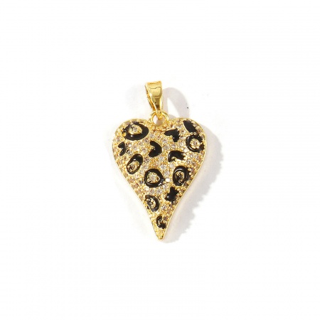 Bild von 2 Stück Messing Valentinstag Charm-Anhänger Großhandel 18K Echtgold plattiert Herz Leopard Emaille Klar & Schwarz Kubischer Zirkon 25mm x 15mm