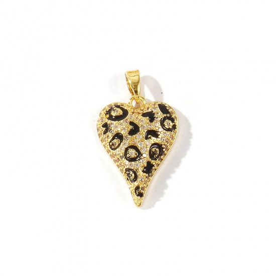 Bild von 2 Stück Messing Valentinstag Charm-Anhänger Großhandel 18K Echtgold plattiert Herz Leopard Emaille Klar & Schwarz Kubischer Zirkon 25mm x 15mm
