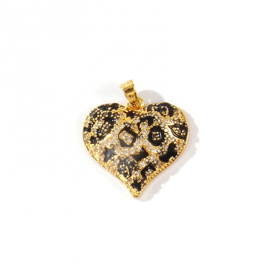 Bild von 2 Stück Messing Valentinstag Charm-Anhänger Großhandel 18K Echtgold plattiert Herz Leopard Emaille Klar & Schwarz Kubischer Zirkon 24mm x 20mm