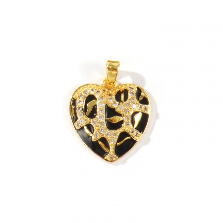 Bild von 2 Stück Messing Valentinstag Charm-Anhänger Großhandel 18K Echtgold plattiert Herz Leopard Emaille Klar & Schwarz Kubischer Zirkon 21mm x 16mm
