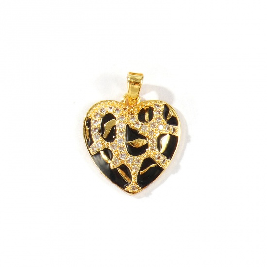 Bild von 2 Stück Messing Valentinstag Charm-Anhänger Großhandel 18K Echtgold plattiert Herz Leopard Emaille Klar & Schwarz Kubischer Zirkon 21mm x 16mm