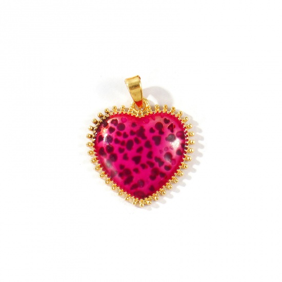 Bild von 2 Stück Messing Valentinstag Charm-Anhänger Großhandel 18K Echtgold plattiert Lila Herz Leopard Emaille 23mm x 18mm