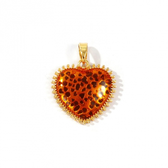 Bild von 2 Stück Messing Valentinstag Charm-Anhänger Großhandel 18K Echtgold plattiert Braun Herz Leopard Emaille 23mm x 18mm